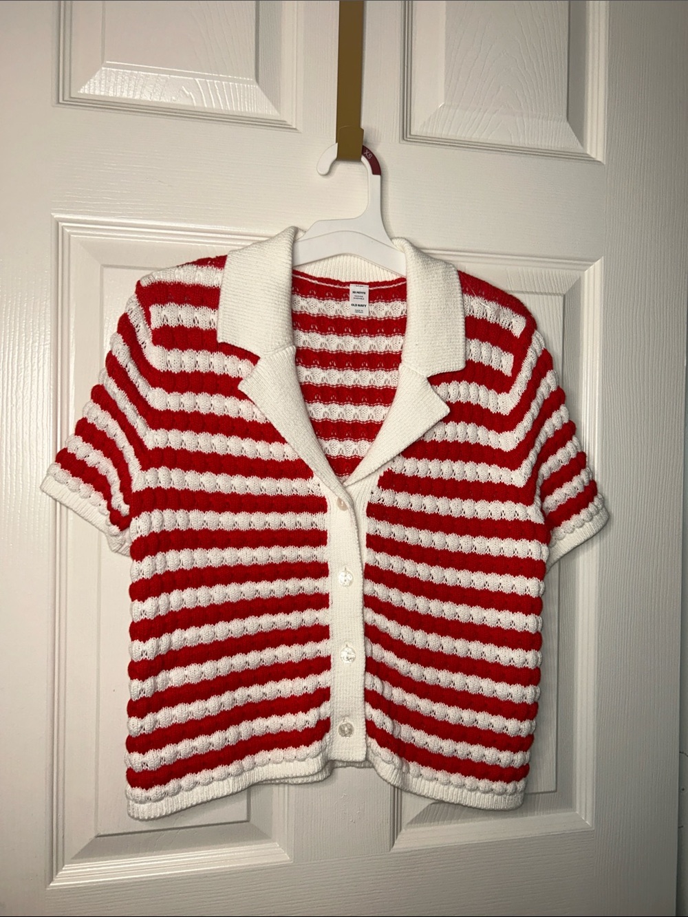Red and White Striped Button-Up Knit Sweater Top- Womens